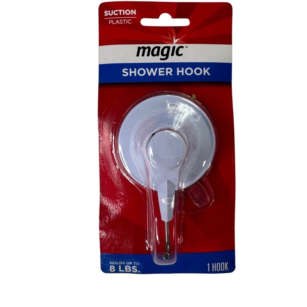 Magic Shower Hook Suction Cup Heavy Duty Plastic White Holds 8 lbs Bathroom New